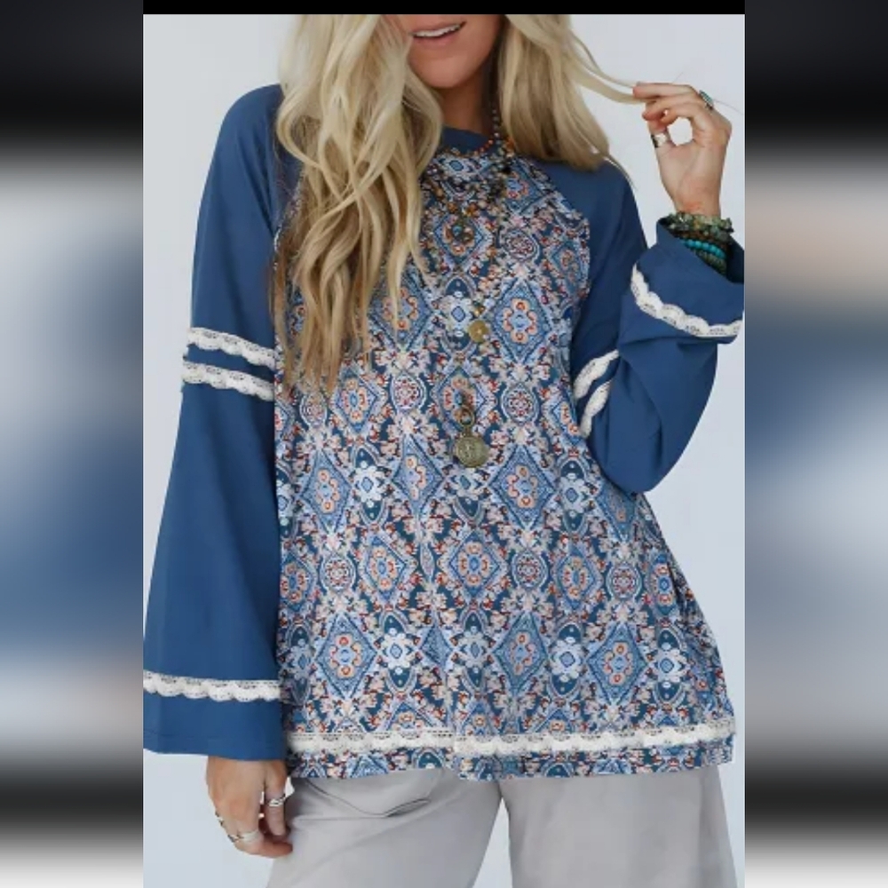 New Blue Patterned Lace Detail Women's Top